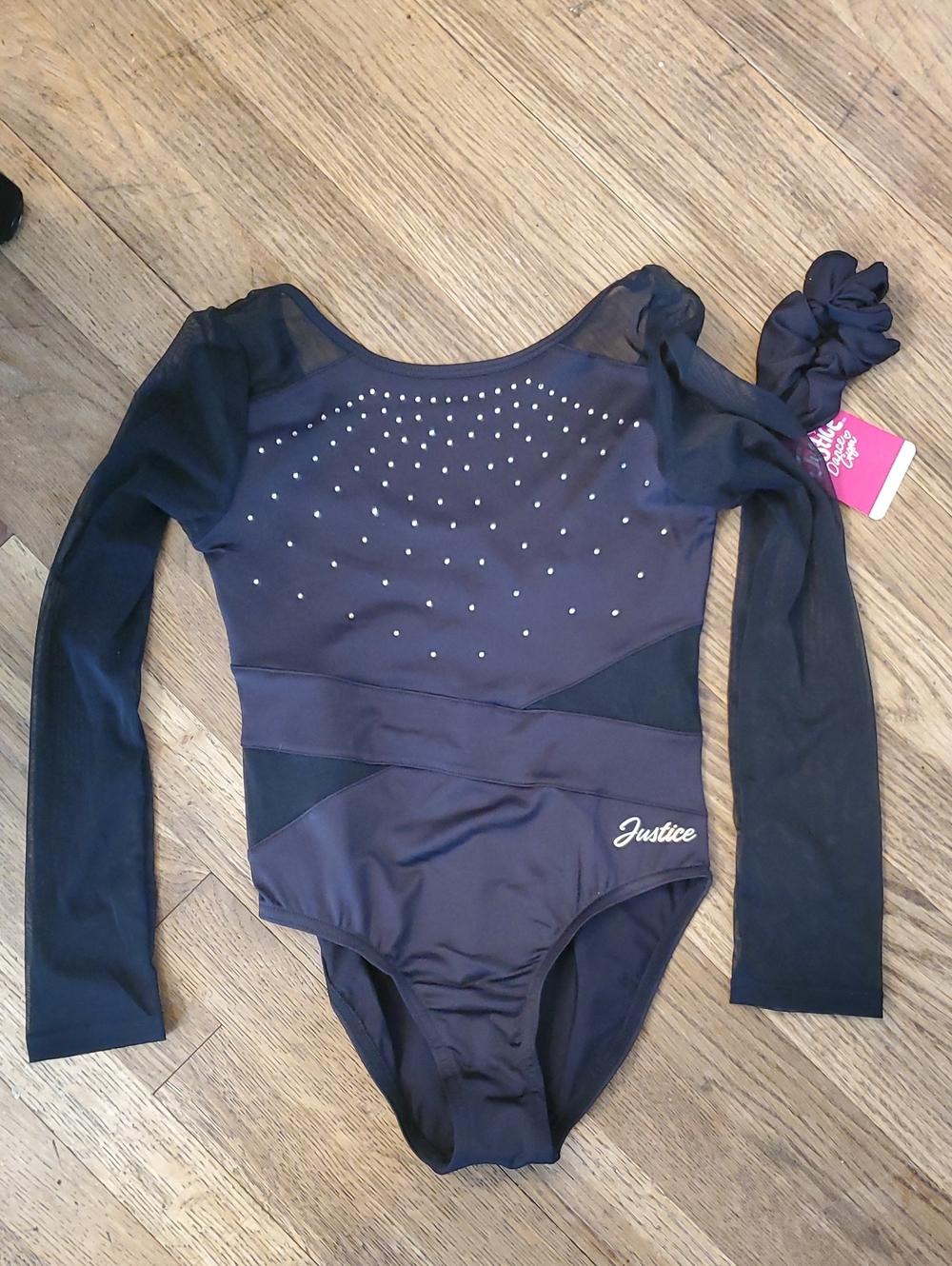 Justice Black Long Sleeve Gymnastics Leotard with Rhinestones